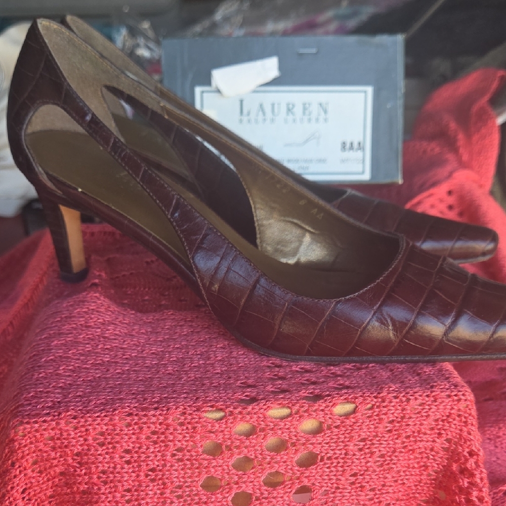 Lauren Ralph Lauren Croc-Embossed Dark Brown Leather Pumps